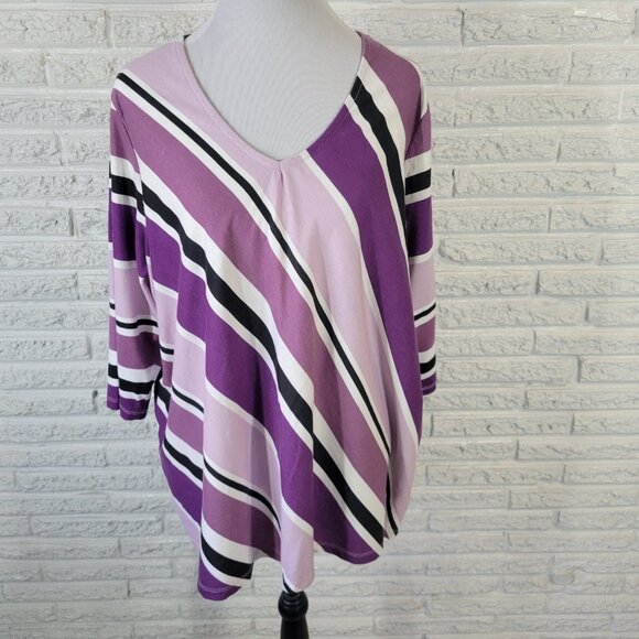 Roamans Womens Top 1X 22 24 Plus Tunic Purple Black Stripe Comfy B20E - Picture 1 of 10